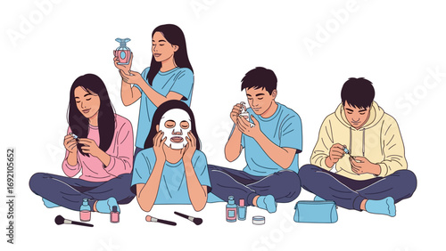 Diverse group of young adults applying makeup and skincare products together in a casual setting enjoying self care and beauty routines