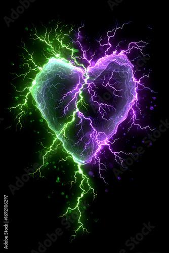 Vibrant heart shape illuminated by electric green and purple lightning bolts on a dark background