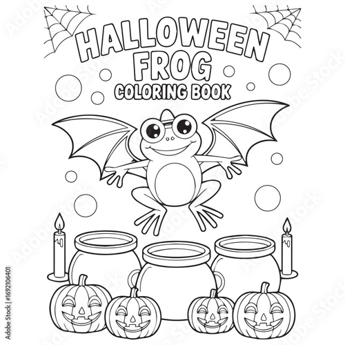 Cute Halloween Frog with Bat Wings – Black and White Line Art for Kids Coloring Book
