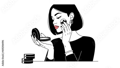 Stylish young woman applying makeup with a compact powder and brush focusing on her face while looking in a mirror black and white illustration with red lipstick detail