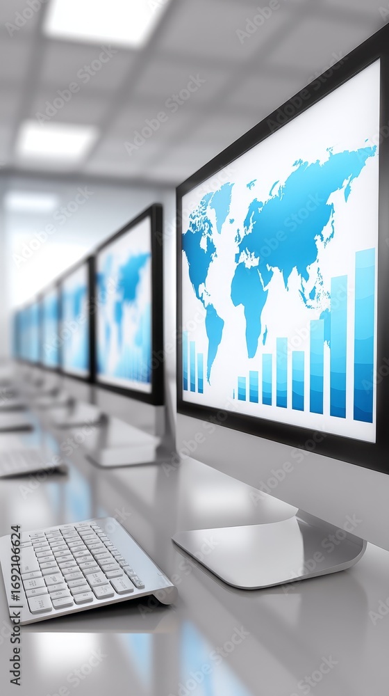Fototapeta premium Global connectivity, exploring the world through a computer monitor displaying detailed world map.