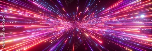 3D render of an abstract neon background featuring shooting stars, blue and red sparkling fireworks, and a cosmic explosion reminiscent of the Big Bang in a fantastic universe.