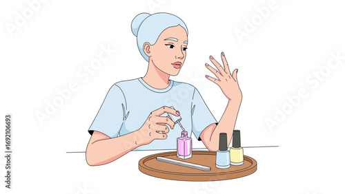 Young woman with a towel wrapped around her head applying colorful nail polish to her fingernails with a focused expression on her face