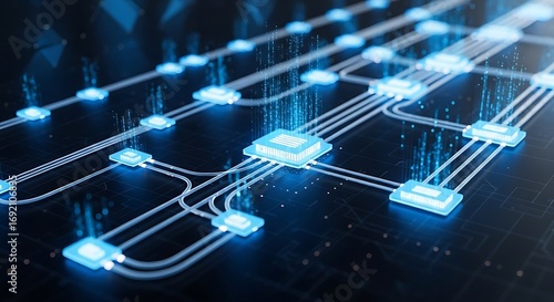 Futuristic Network - Interconnected Nodes and Data Flow in a Digital World.