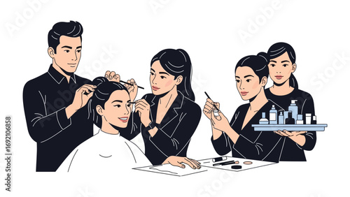Diverse group of young asian professionals practicing makeup application and hairstyling techniques in a bright modern studio setting