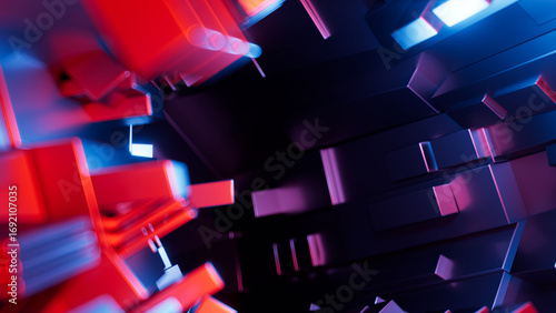 Fototapeta Naklejka Na Ścianę i Meble -  3D abstract sci-fi illustration with greeble effect. Futuristic tunnel of glowing metal blocks in motion, inspired by space and science fiction aesthetics.