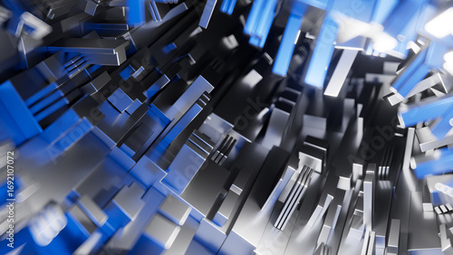 Fototapeta Naklejka Na Ścianę i Meble -  3D abstract sci-fi illustration with greeble effect. Futuristic tunnel of glowing metal blocks in motion, inspired by space and science fiction aesthetics.