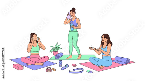 Three young women in athletic wear practicing self care routines with skincare products and yoga mats in a bright clean studio setting