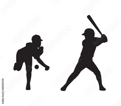 Silhouette of boys in a baseball team clip art

