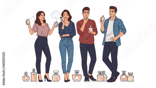 Stylish young men and women holding perfume bottles and applying fragrance in a modern studio setting with elegant bottles displayed