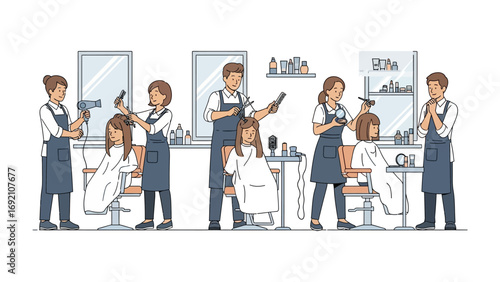 Diverse group of professional hairstylists working together in a modern salon providing haircuts and styling services to clients in a friendly atmosphere
