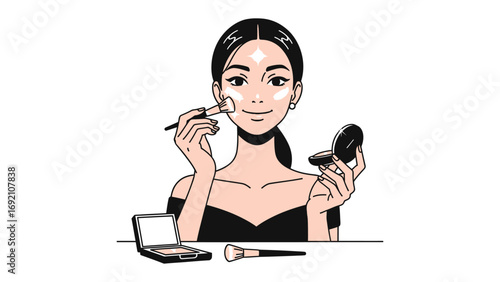 Young woman applying makeup with a brush and compact mirror creating a beautiful and radiant look with cosmetic products for beauty and fashion