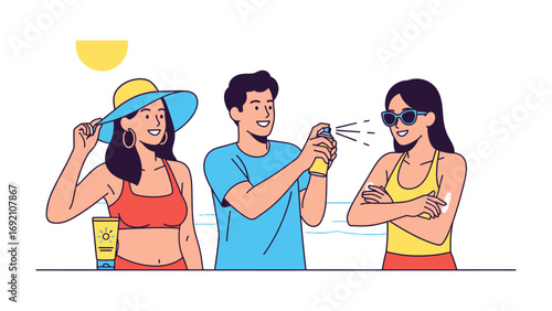 Young man applying sunscreen spray to his smiling female friend at the beach to protect her skin from the sun s harmful ultraviolet rays