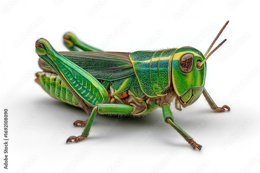 Fototapeta premium Bright green grasshopper standing on white background