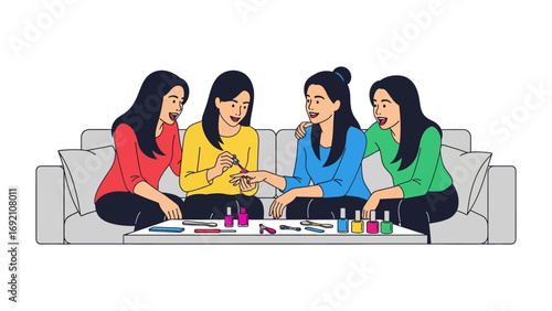 Four diverse young women friends gathered on a sofa applying colorful nail polish to each other s fingernails during a fun beauty pampering session at home