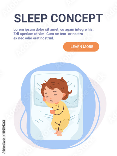 Sleep concept child napping bed peaceful rest cartoon toddler sleeping in pajamas on pillow blue background website banner