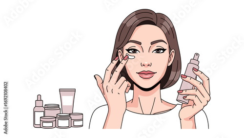 Young woman applying eye cream or serum to combat dark circles and puffiness with skincare products in background