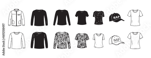 A collection of clothing template icons, including silhouettes, glyphs, and outline styles. This includes a jerkin, a standard t-shirt, and a long-sleeve t-shirt designed for men