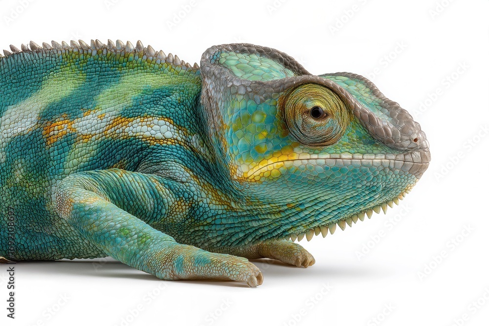 Obraz premium Panther chameleon showing vivid colors on white background