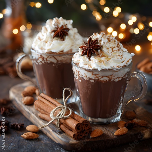 Illustration of two mugs of hot chocolate with whipped cream and cinnamon sticks on a wooden board with bokeh lights