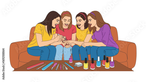 Four young women friends enjoying a fun and relaxed afternoon painting each other s fingernails while sitting together on a comfortable couch at home