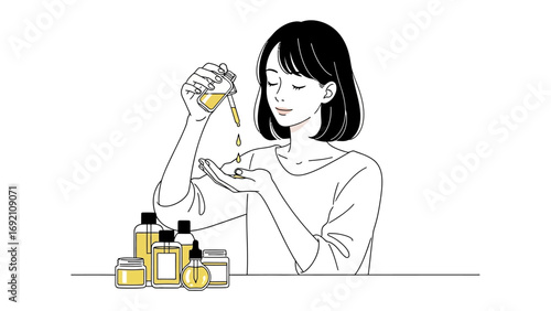 Hand drawn sketch of a young woman carefully inspecting a small bottle of essential oil or serum with a dropper in a minimalist illustration style