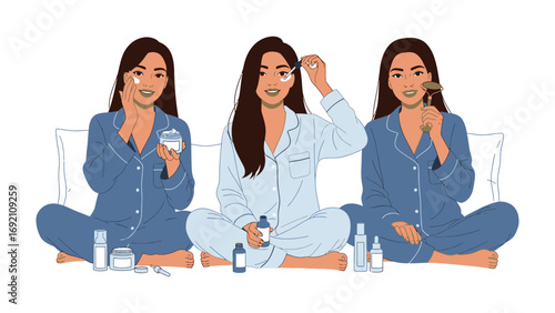 Three diverse young women in pajamas applying skincare products and serums for a relaxing self care beauty routine at home