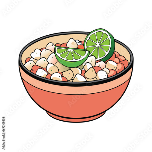 Vibrant seafood ceviche bowl illustration with fresh lime slices and green cilantro garnish