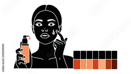 Stylized illustration of a woman applying liquid foundation from a pump bottle to her face with a swatch palette of skin tones