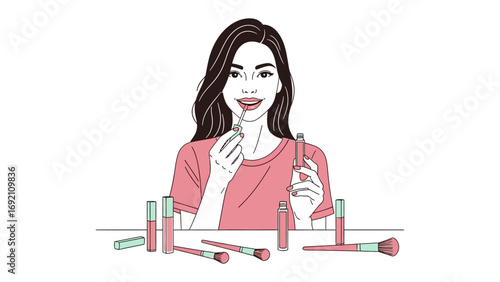 Young woman with long dark hair applying lipstick with a makeup brush surrounded by cosmetics and beauty tools illustration