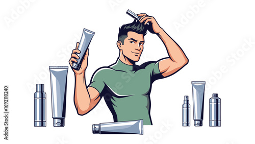 Young athletic man with short dark hair applying hair styling product with a comb surrounded by various grooming tubes and bottles