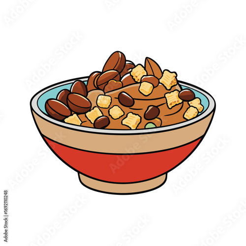 Delicious snack mix bowl overflowing with nuts dried fruit and chocolate pieces