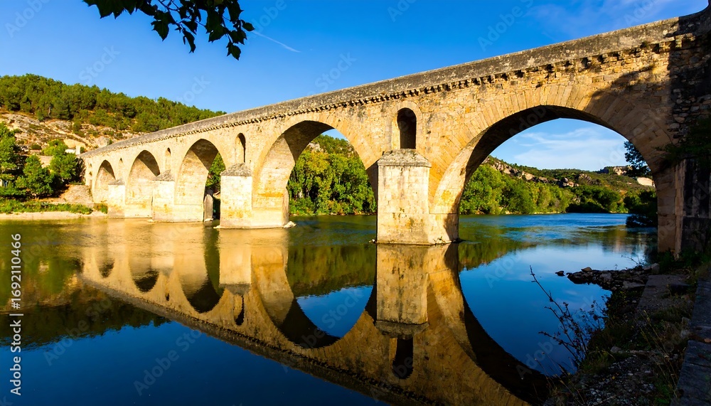 Fototapeta premium Ancient stone bridge reflecting on calm river