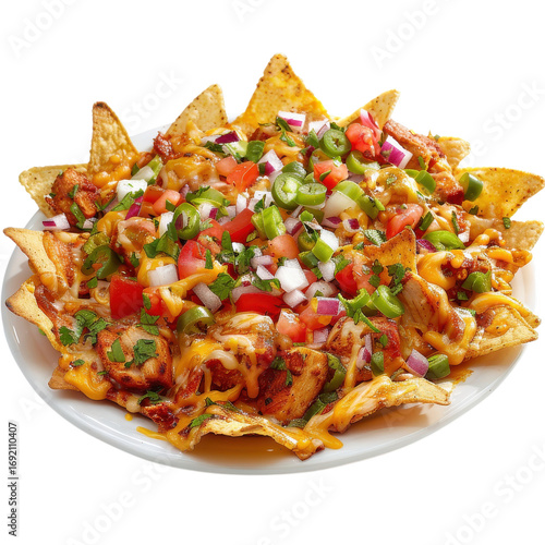 Vibrant plate of loaded nachos topped with chicken, fresh veggies, and melted cheese served in a cozy restaurant