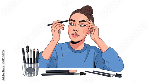 Young woman applying makeup with brushes and products focusing on her eyebrows creating a polished look