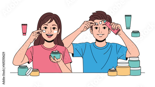 Diverse young people applying skincare products with joy and enthusiasm surrounded by various beauty bottles and jars