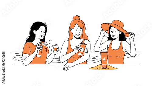 Three young women enjoying drinks outdoors on a sunny day wearing casual summer clothing and hats depicted in a modern line art illustration style