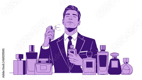 Stylish man in suit spraying perfume on himself surrounded by various elegant fragrance bottles celebrating luxury and personal grooming