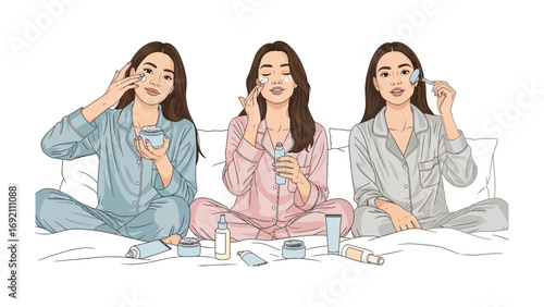 Three young women in pajamas applying skincare products and makeup while sitting on a bed enjoying a beauty routine together