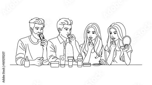 Diverse group of people enjoying a tasting session with various small food items and drinks presented on a table in a simple line art illustration style