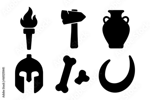archaeology artifacts silhouette icons set