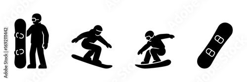 snowboarder and board silhouette icons set