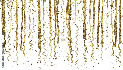 Gold streamers and confetti cascading on white background