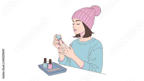 Young woman wearing a pink knitted beanie and a light blue sweater applying nail polish to her fingernails with a focused expression