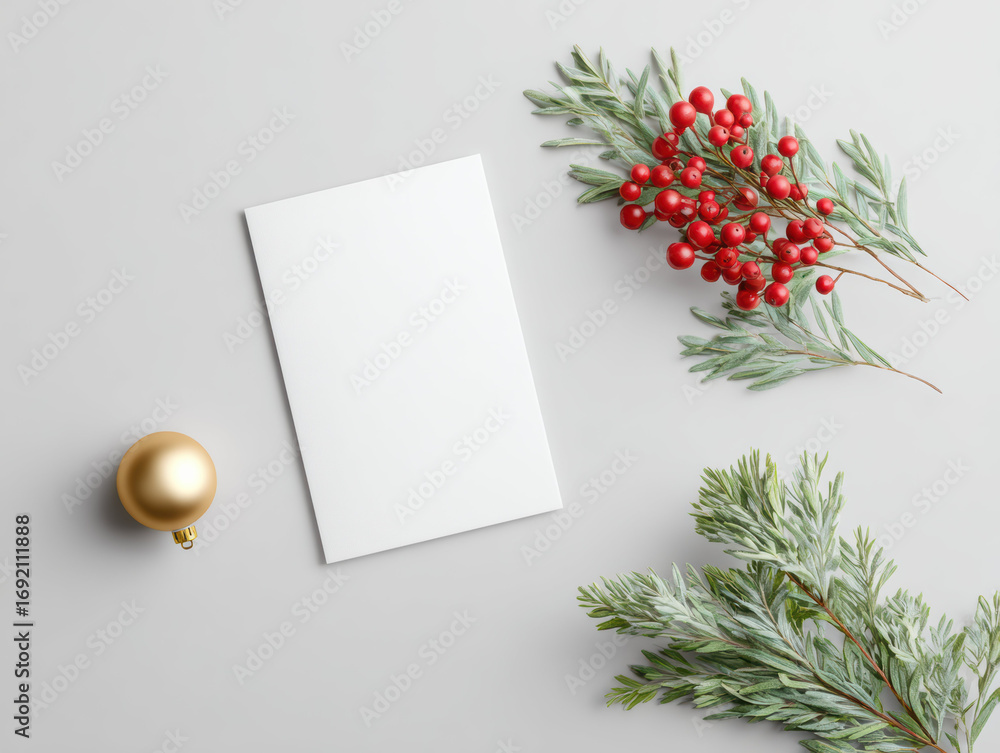 Fototapeta premium Elegant christmas holiday flat lay with blank invitation card mockup for festive message. Sustainable decoration with green branch red berry and gold ornament create cheerful mood