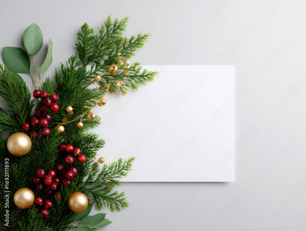 Fototapeta premium Elegant christmas flat lay with sustainable natural decoration. blank white card provides copy space on grey background for festive and peaceful holiday greeting