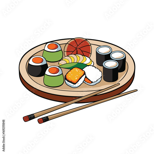 Delicious sushi platter featuring nigiri and maki rolls with wasabi and chopsticks