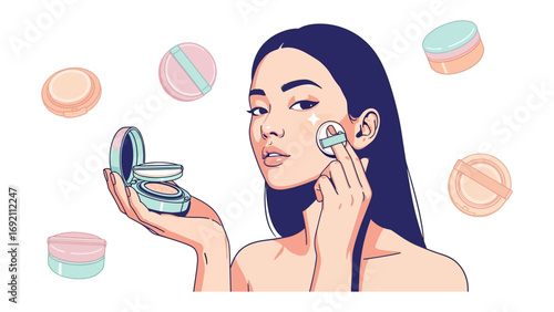Young asian woman applying cushion foundation makeup with a puff surrounded by colorful cosmetic compacts and beauty products on a white background