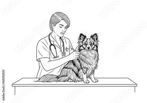 Veterinarian examining a Papillon dog with care in a clinic setting