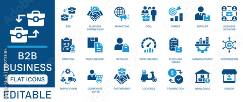 B2B icon set. featuring business networking, supplier, commerce, vendor, partnership, manufacturer, purchase order, supply chain, transaction, quotation and more. perfect flat icon collection.
